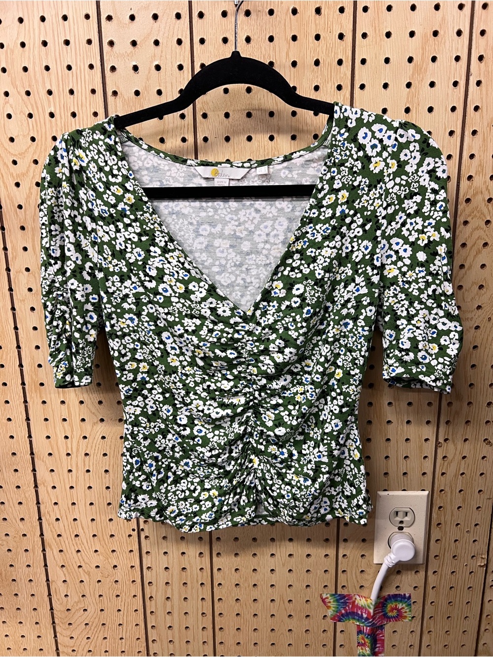 Boden Dark Green Blue/Yellow White Floral Short Sleeve Ruched V-Neck Top -Size S
